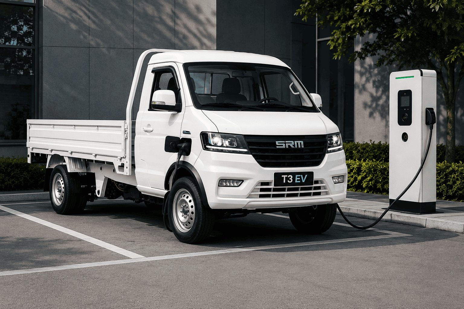 SRM T3 EV electric mini truck at EV charger